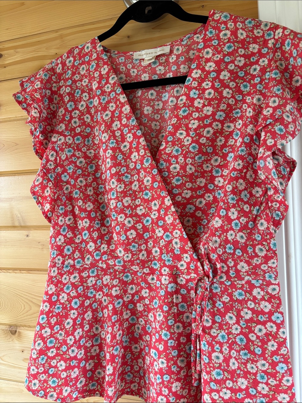 Coral Red Floral Wrap Blouse - Picture 1 of 3